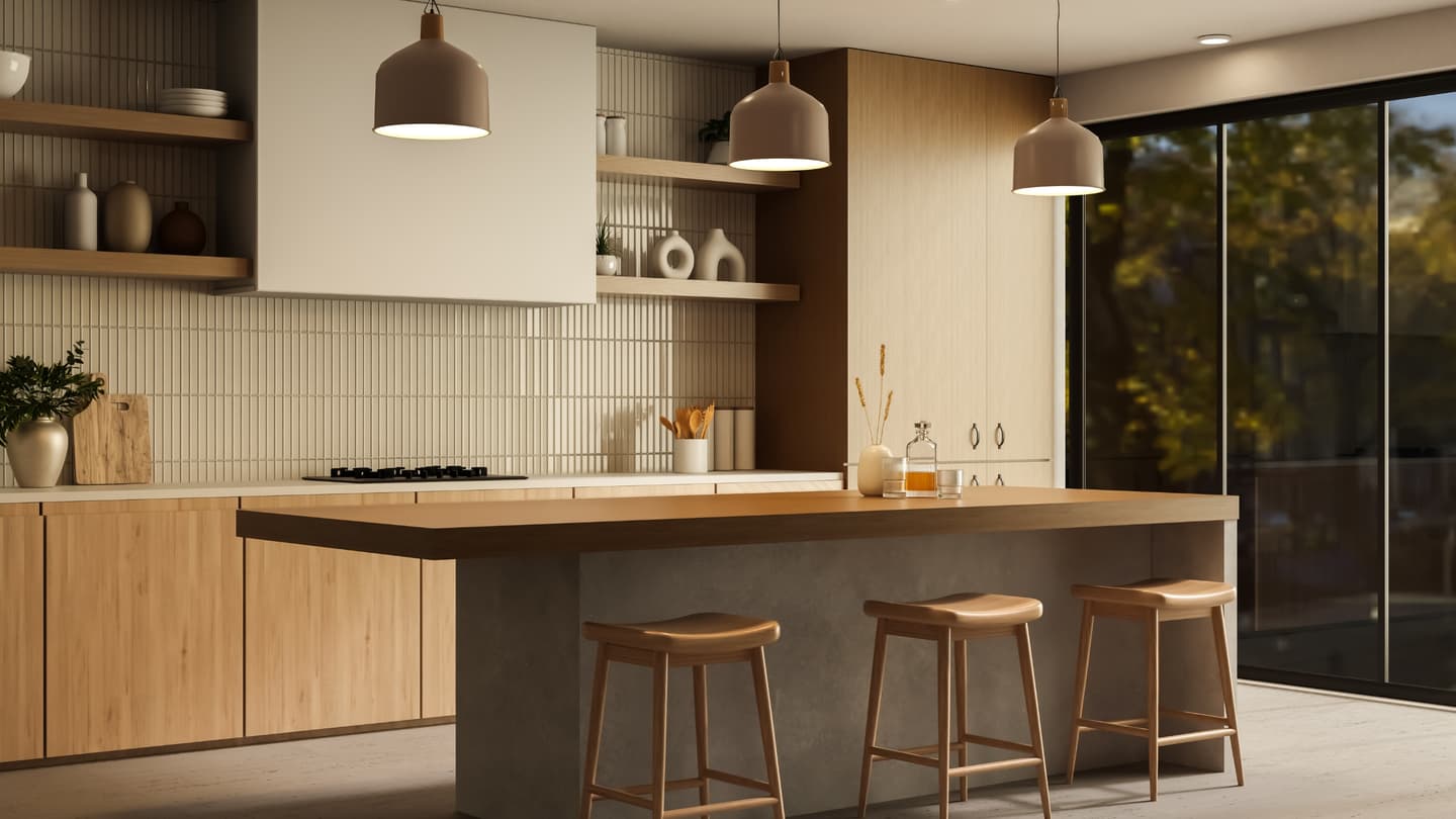 Render de ambientación de cocina en tonos de madera cálida, isla con mesada continua y banquetas, luz natural.